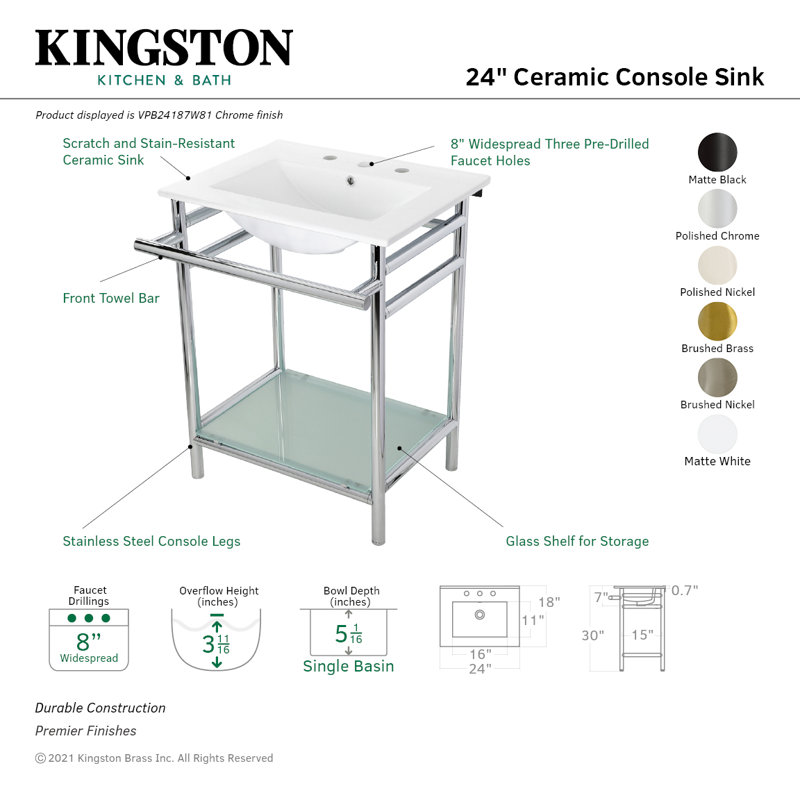 Kingston Brass Sheridan 24-Inch Ceramic Console Sink with Stainless Steel Legs and Glass Shelf (3-Hole), 8" Centers