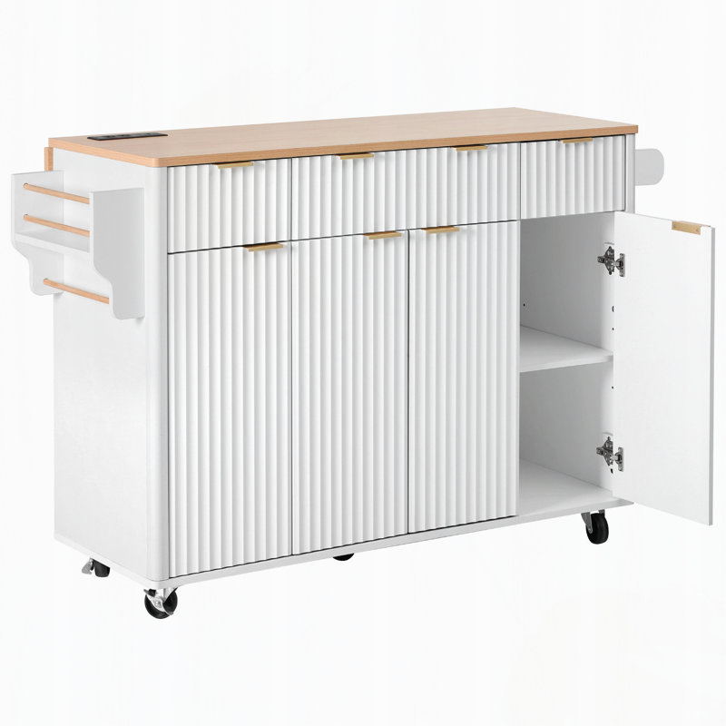 Îlot de cuisine cannelé avec abattant, prise électrique, 4 portes et 3 tiroirs, White