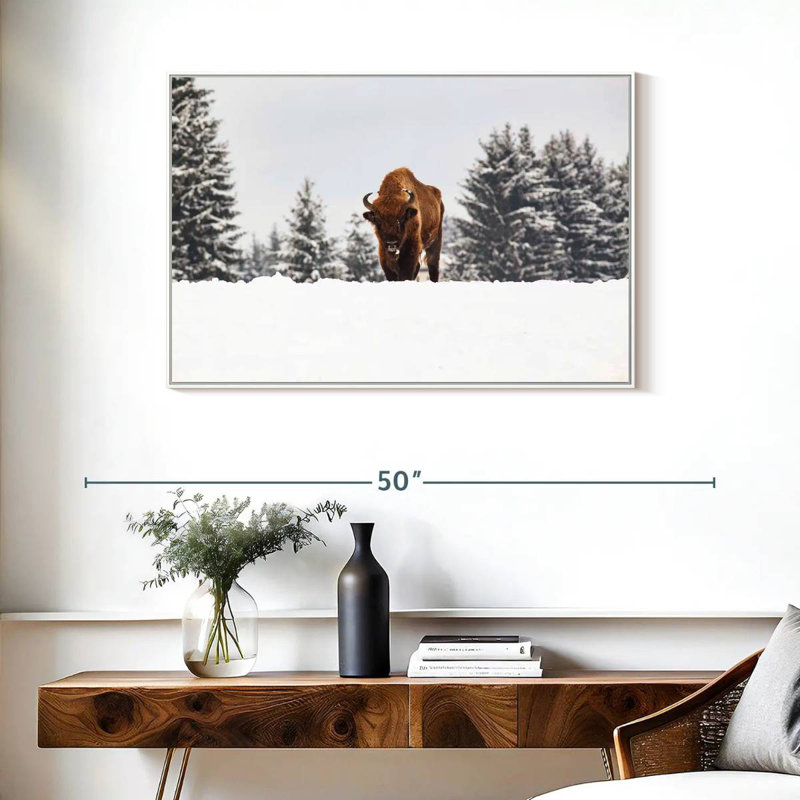 Bison aux champs d'hiver, Cadre flottant blanc, 37 po x 25 po