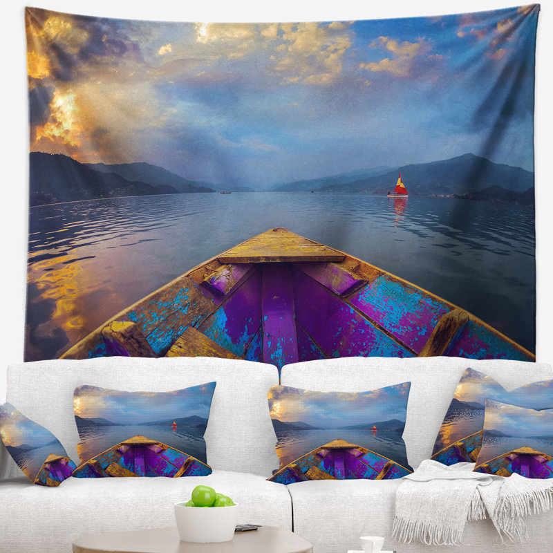 Bateau dans la tapisserie du lac Himalaya, H 32 po x l 39 po