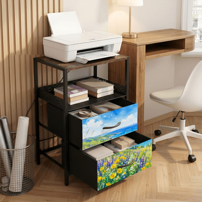 2 Drawers Nightstand with Charging Station, Bedroom Nightstand with USB Ports, Outlets Open Shelf Black, night stand with Wildflower Coastal Landscape Yellow Blue Ocean Watercolor Print
