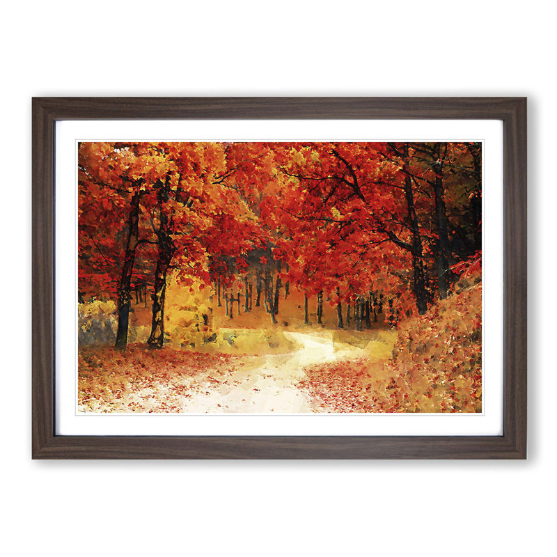 Path Through the Forest at Autumn in Abstract - Picture Frame Painting Print on MDF, 48cm H x 65cm W x 2cm D, Walnut Framed