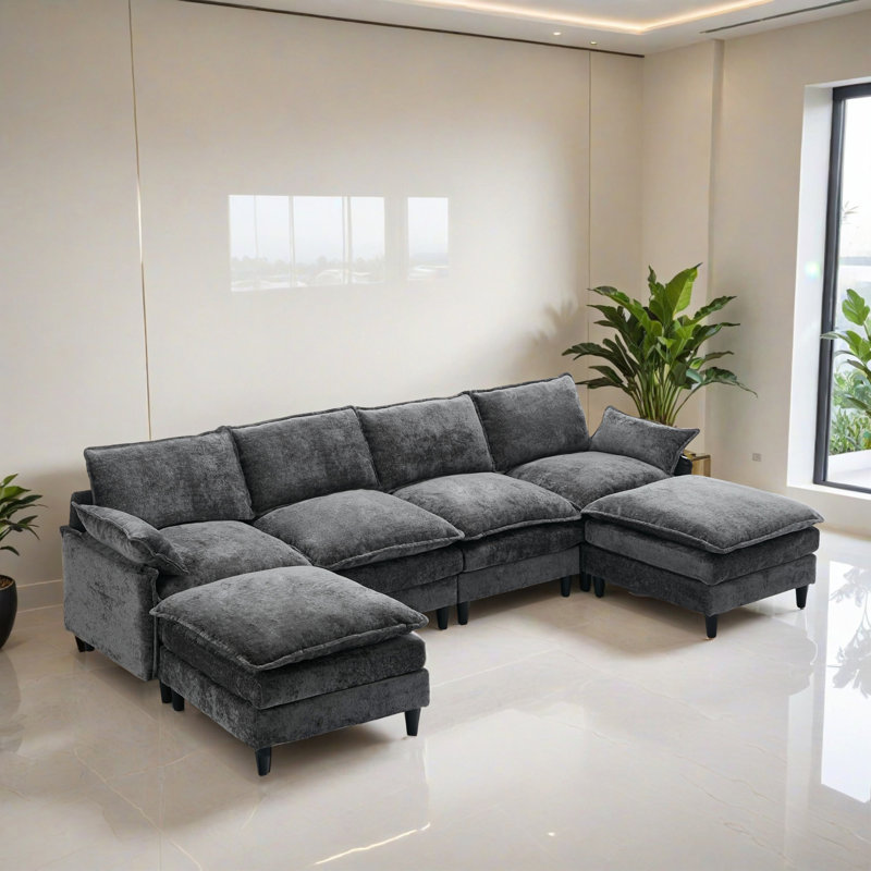 Canapé-lit modulaire 6 pièces pour salon, Chenille grise foncée