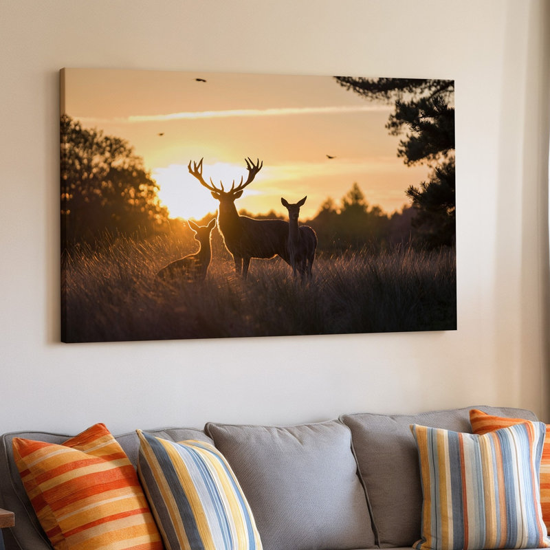 Toile, scène sereine du crépuscule avec trois cerfs se découpant sur un art mural, H 16 po x l 20 po