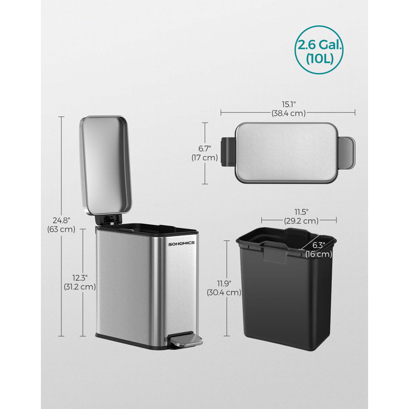 Conell Plastic Step On Kitchen Trash Can - 10L, Silver