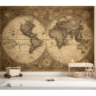 Wall Mural Peel and Stick Wallpaper Vintage World Map Aged Sepia Self-Adhesive Removable Contact Paper Wall Decor for Living Room Bedroom 69"H x 96"W