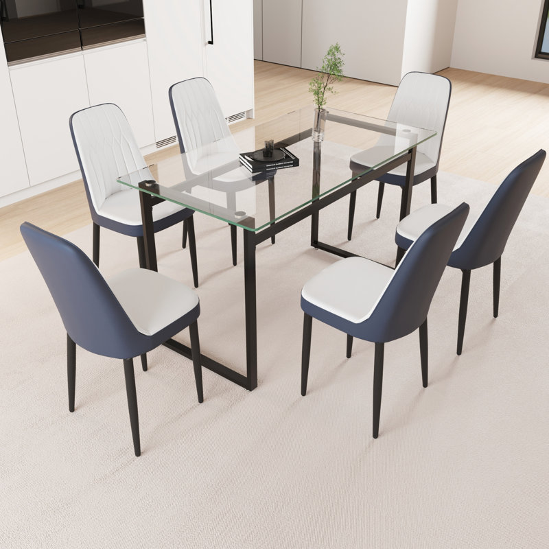 Table carrée en verre trempé de 51 po avec 6 sièges pour salle à manger élégante et confortable, pieds en métal noir, coussins de chaise d'unité centrale