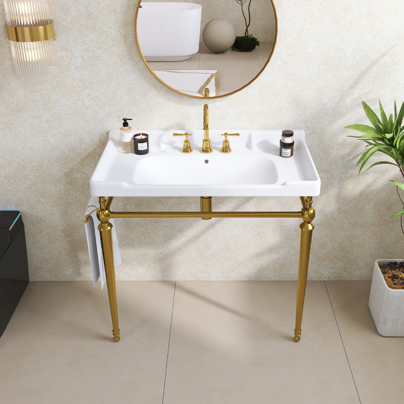 Wall-Mounted Bathroom Console Sink,White Ceramic Vanity Basin With 3 Pre-Drilled Faucet Holes, Freestanding Stainless Steel Support Legs With Towel Bar, No Faucet And Sink Cover, Gold Color