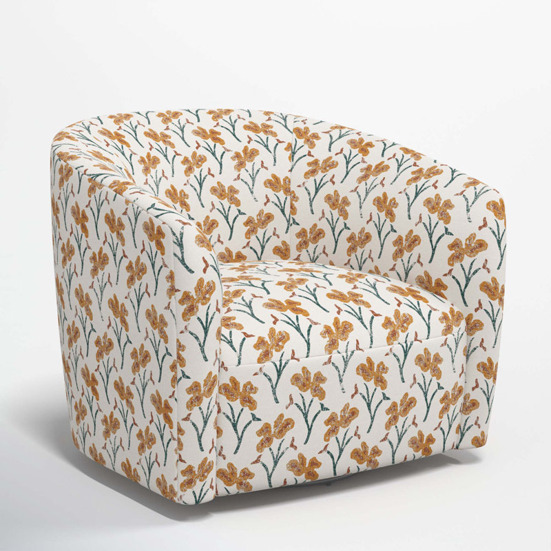 Marita Upholstered Swivel Barrel Chair, Vanves Floral Ochre Teal