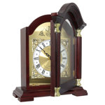 Modern & Contemporary Roman Numeral Oak Wood Quartz Movement / Crystal Tabletop Clock with Alarm in Redwood Oak