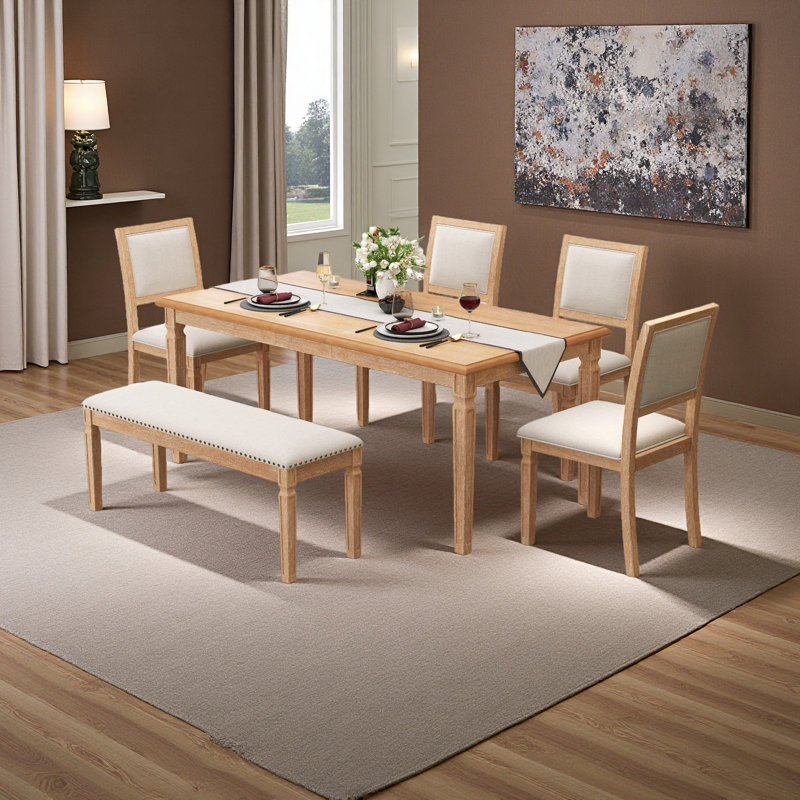 Vintage Extendable Dining Table Set For 6 With 4 Chairs & Bench, 59 To 72-Inch Rustic Farmhouse Kitchen Table Set With Distressed Finish And Retro Carved Legs