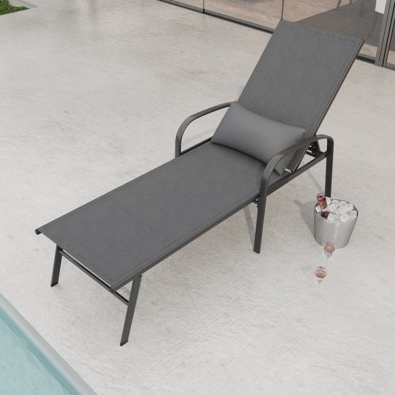 Sturdy Steel Frame Outdoor Patio Recliner with Waterproof Teslin Fabric and Adjustable Lumbar Pillow