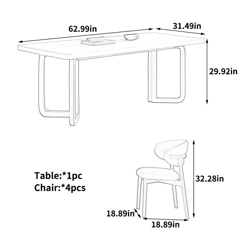 Élégante table de salle à manger française, 29,92 po H x 62,99 po L x 31,49 po D, Ensemble de 5 pièces : table, 4 chaises