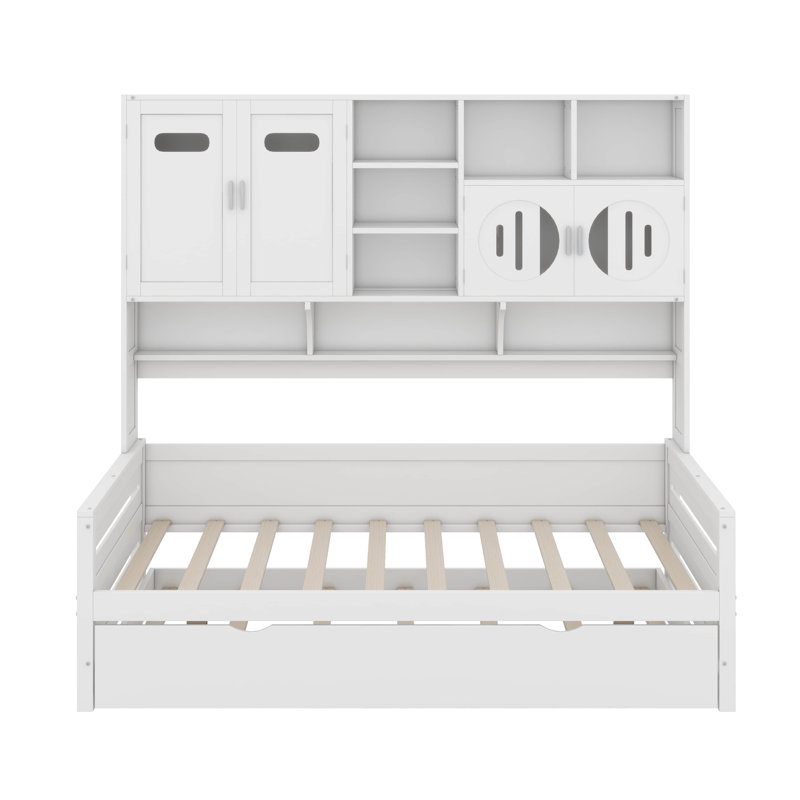 Wooden Daybed With Twin Size Trundle, And All-In-One Cabinet And Shelf, Twin, White