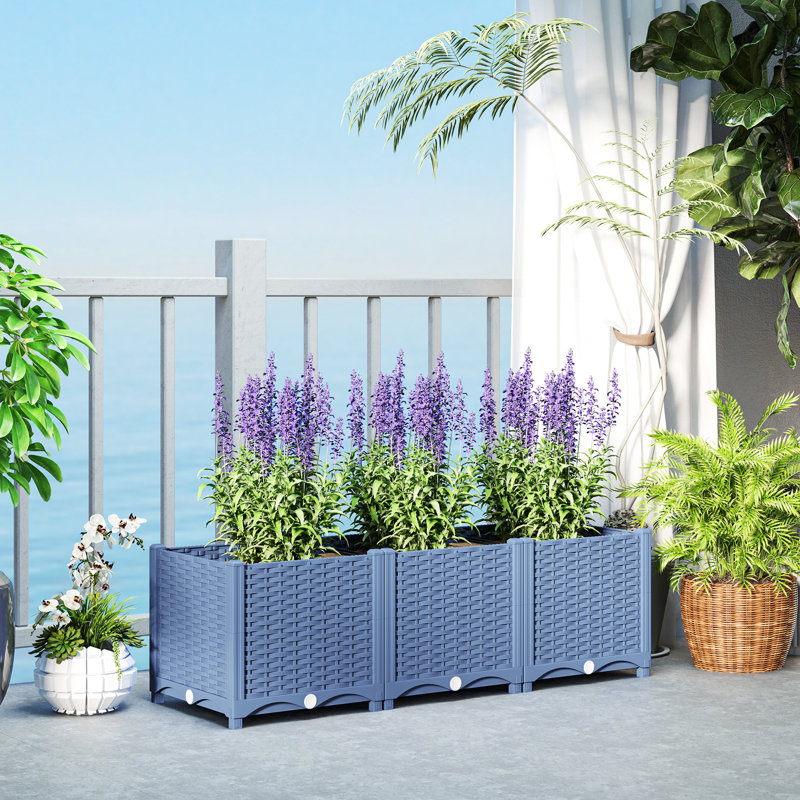 Lit de jardin surélevé en plastique, bac à fleurs extérieur 4 x 1 x 1 pi avec trous de drainage pour légumes, herbes, bleu