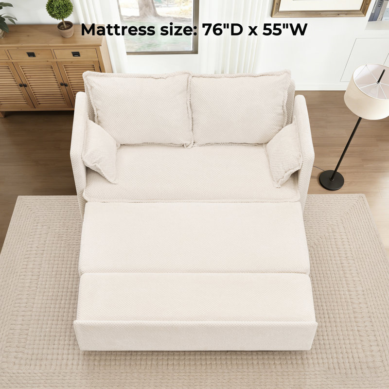 Pull Out Sofa Bed – 60" Convertible Sleeper Sofa Bed with USB Ports, Corduroy/Chenille Fabric Loveseat Chaise Lounge for Living Room, Guest Rooms, Ivory