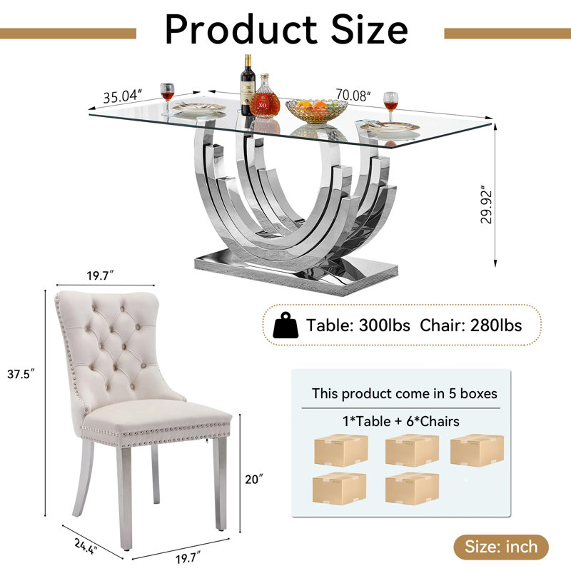 Modern Glass Dining Table Set, Clear Glass Dining Table with Stainless Steel Pedestal & Dining Chairs, 70" Rectangle Dining Room Table and Chairs Set, Luxury Kitchen Table Set
