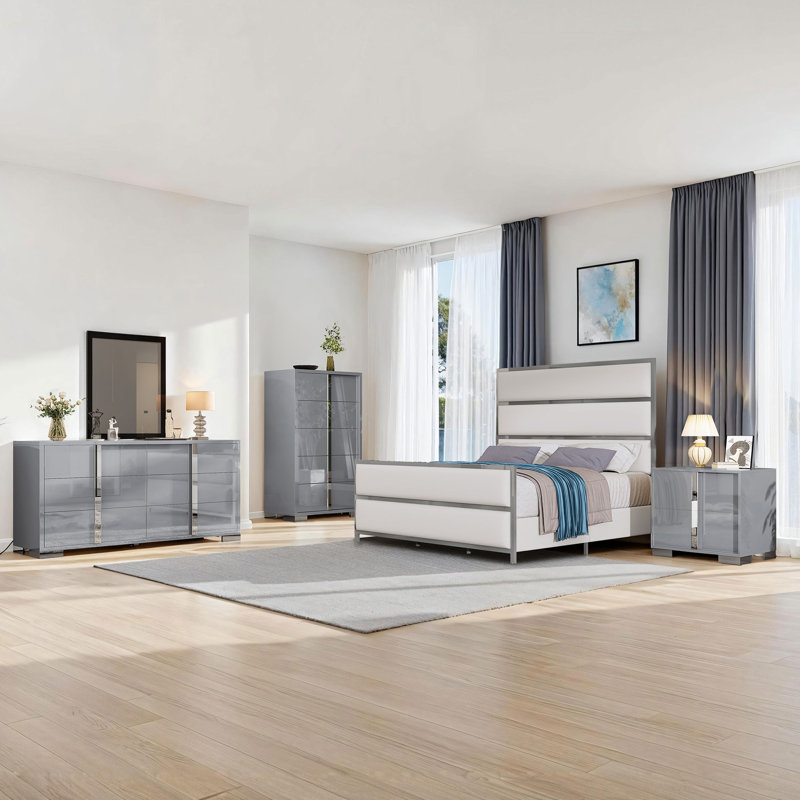 Dulane 4 Pieces Modern Highlgloss Bedroom Set, Gray, Gray