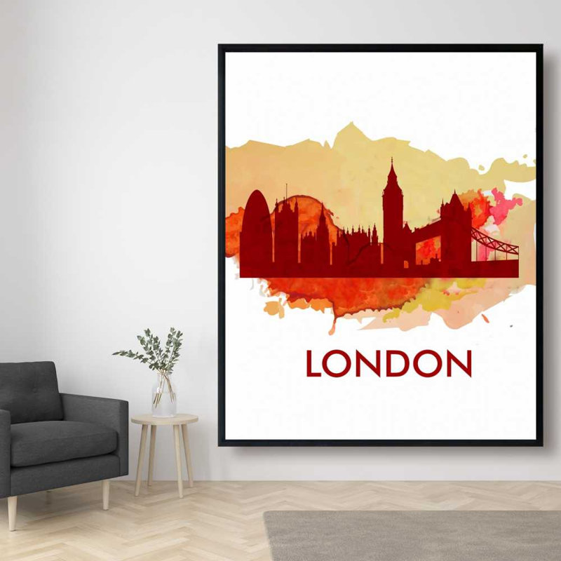 «Paint Splash Silhouette of London», toile de bureau orange encadrée