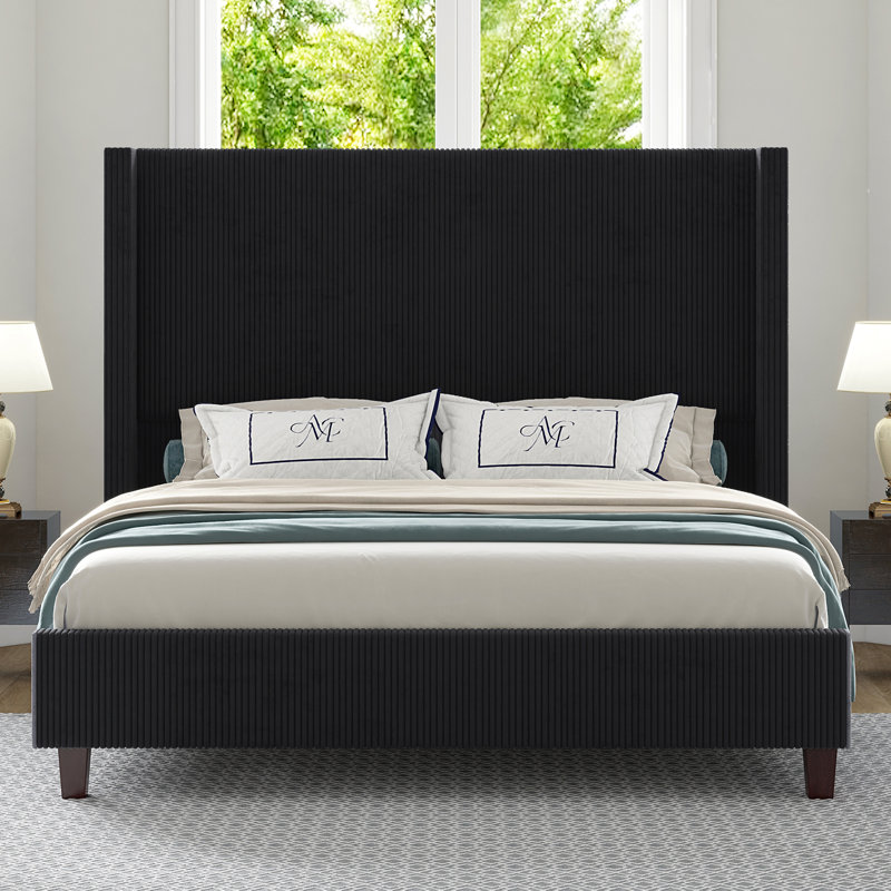 Queen Black Corduroy Upholstered Wingback Platform Bed