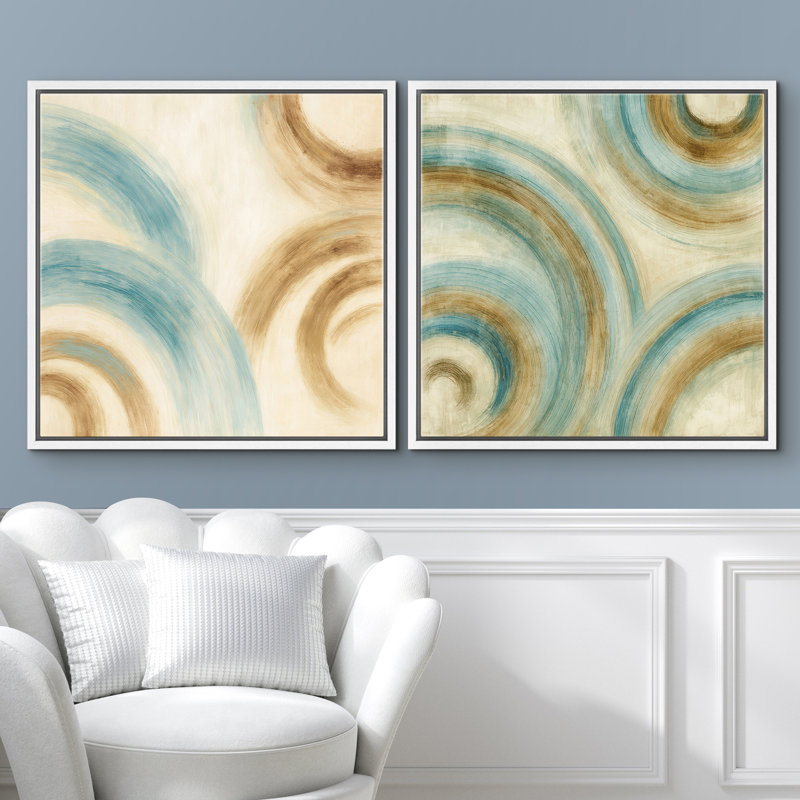 Reproduction d'art moderne et moderne de 2 lignes courbes bleu sarcelle et sable encadrée, H 24 po x l 24 po