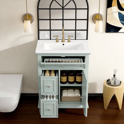 Meuble-lavabo 24 po avec lavabo, armoire en bois massif et panneau de fibres à densité moyenne avec tiroir rabattable et 2 tiroirs, tablette réglable, unité de rangement moderne