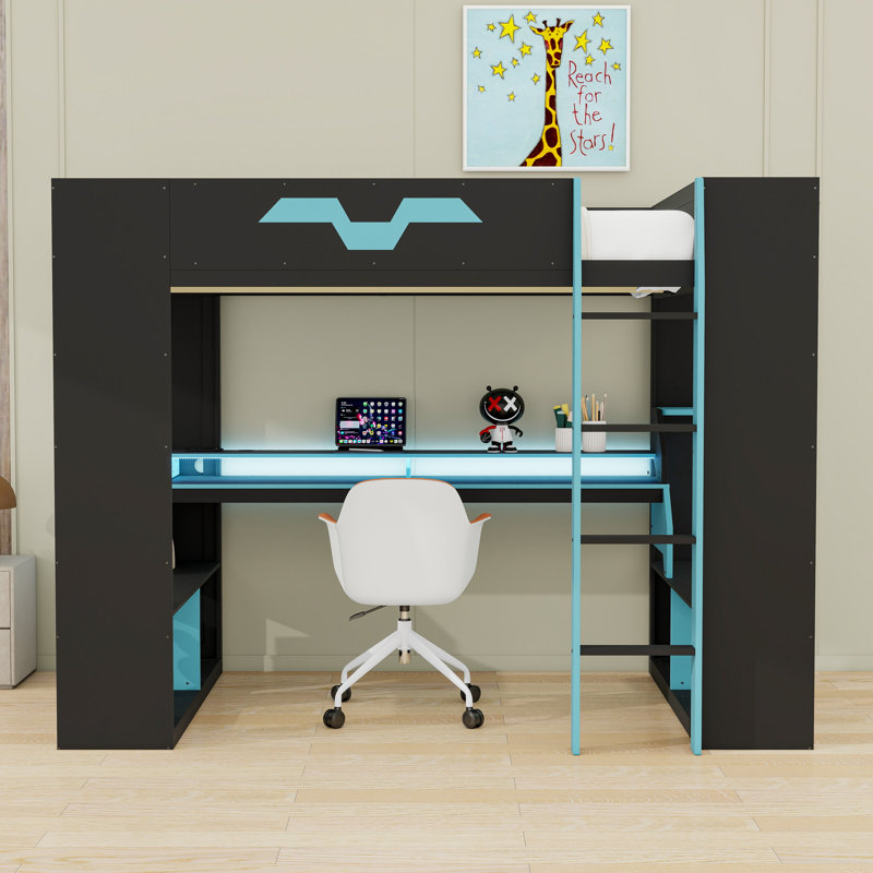 Full Wooden Loft Bed with Workspace, Power Hub, and Gaming RGB Lights, Blue