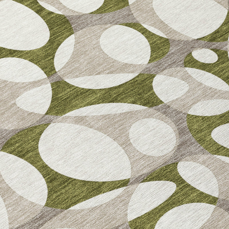 Tapis abstrait lavable à la machine intérieur / extérieur ACN2536, Olive, Rectangle 9 pi x 12 pi