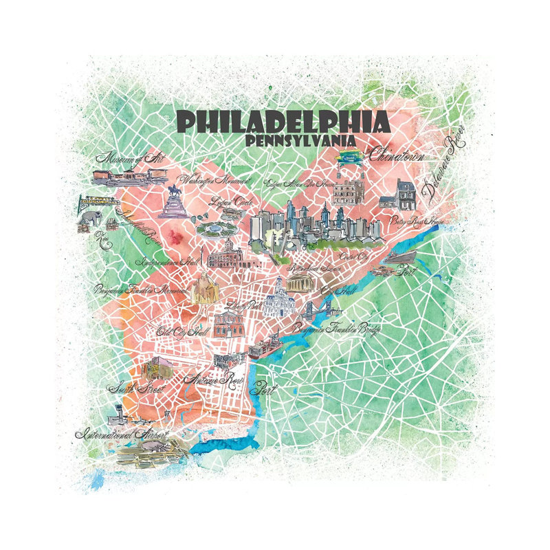 Philadelphia Pennsylvania USA Illustrated Map by Markus & Martina Bleichner - Painting on Canvas, Wrapped Canvas