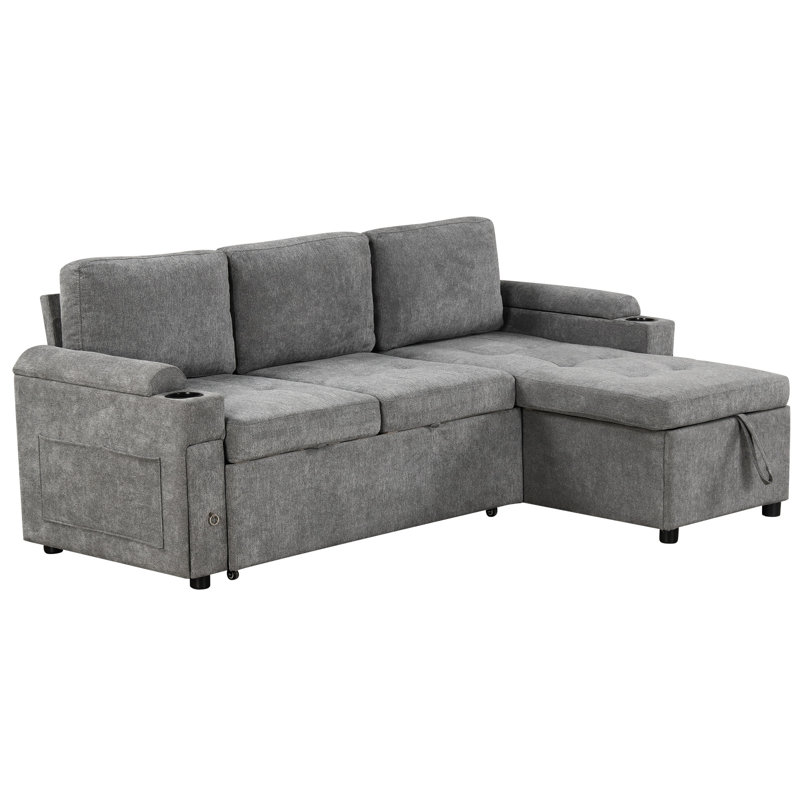 Lit convertible en L avec rangement, porte-gobelets, hublots, chenille en tissu gris doux, pratique, Gris chenille