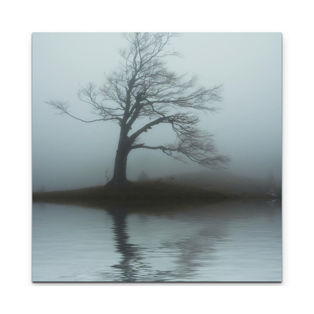 Leinwandbild Baum am See im Nebel