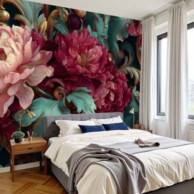 Papier peint adhésif baroque à motif floral feuilles bleu sarcelle rétro détail doré H 100 po x l 144 po papier mural amovible en PVC auto-adhésif pour chambre à coucher salon bureau à domicile