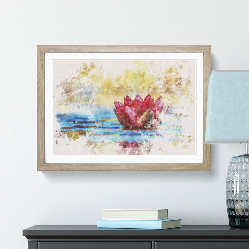 Pink Water Lily Flower - Picture Frame Painting Print, Oak Framed, 62cm H x 87cm W x 2cm D