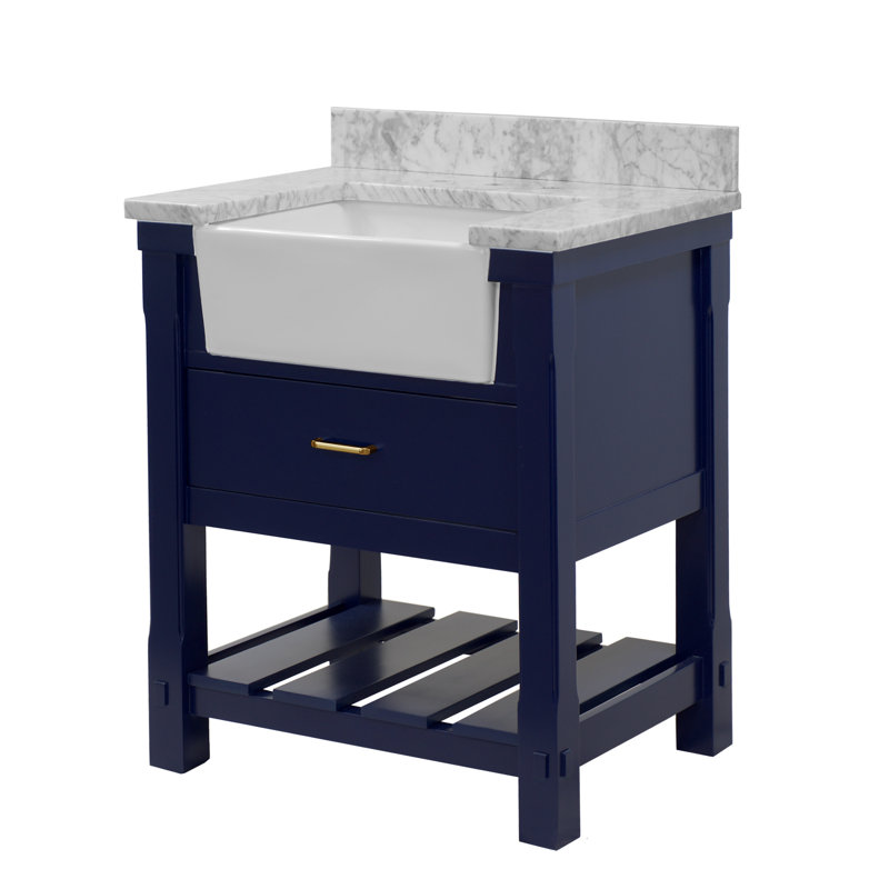 Hitton 30'' Single Bathroom Vanity with Top, Royal Blue, Carrara Marble