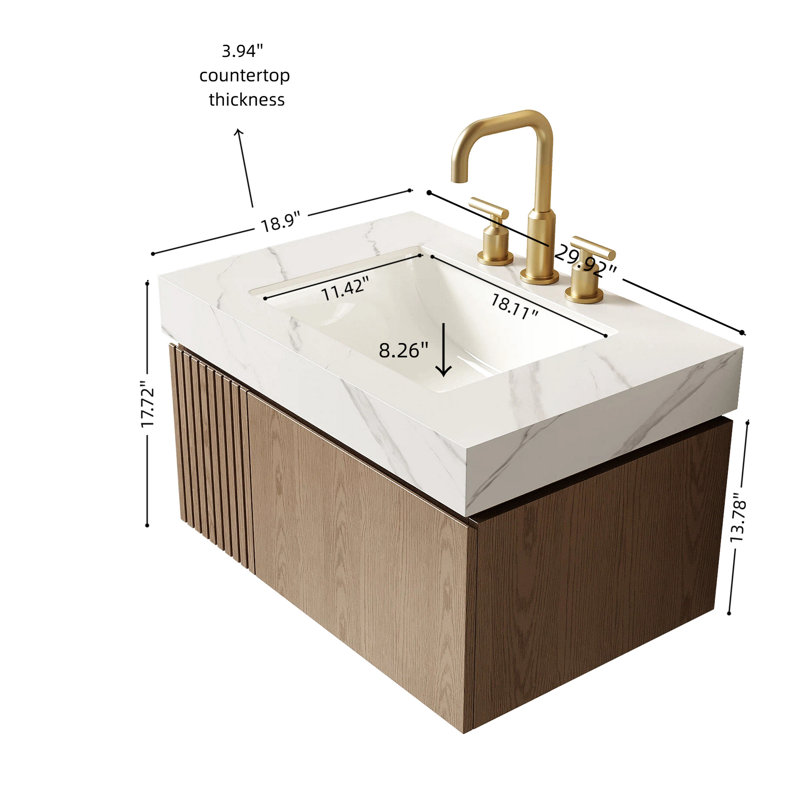 Meuble-lavabo de 30 po avec comptoir en pierre frittée blanche, lavabo en céramique, armoire de rangement en contreplaqué flottant, tiroir, porte, pré-assemblé, grand rangement, lavabo à système de fermeture en douceur, porte et tiroir