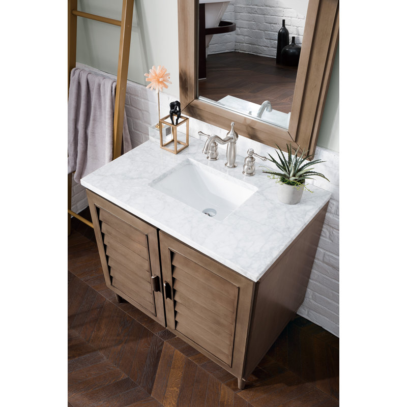 Portland 36'' W Single Vanity, Whitewashed Walnut, White Zeus, 8" Widespread