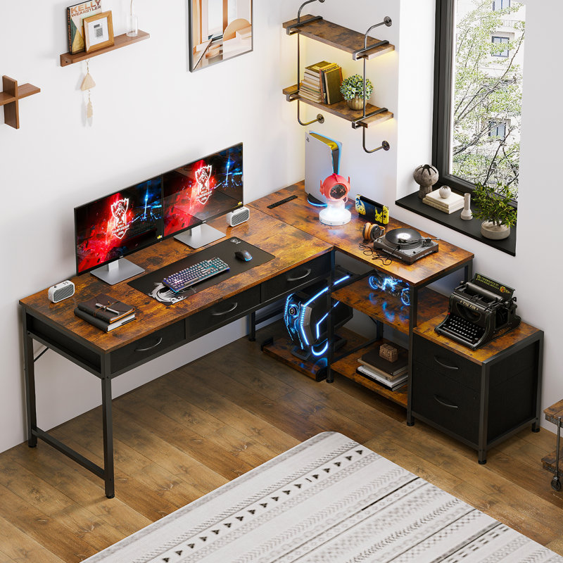 Home Office Desk With File Drawer & Power Outlet, Computer Desk With 3 Drawer, Storage Shelves, Corner Desk With Printer Cabinet
