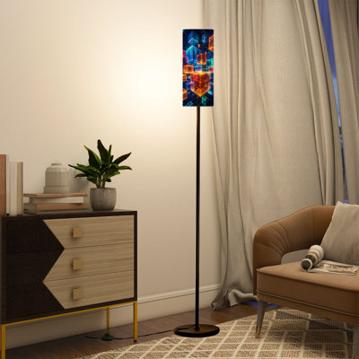  68.5" Standing Floor Lamp Vibrant 3D Abstract Neon Cubes Art Multicolor Glow Dimmable Metal Pole Lamp with Linen Lampshade LED Bulb Included