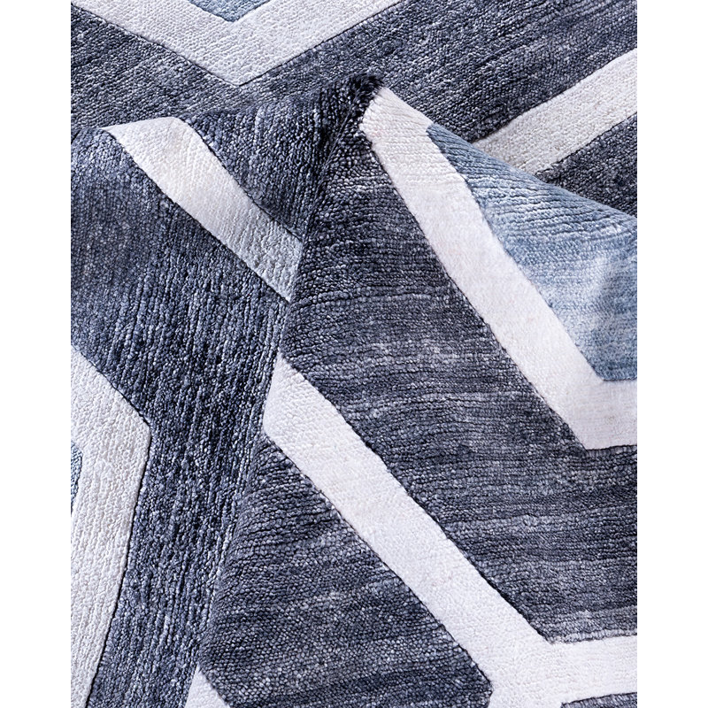 Gray and White Hand-Knotted Silk Rectangular Area Rug