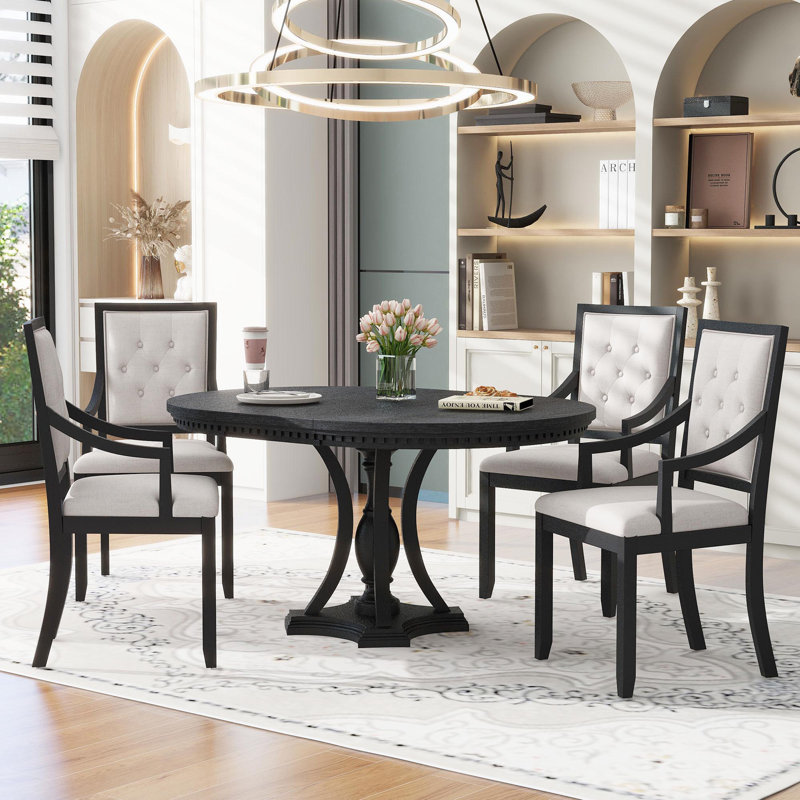 Bowlds Retro 5-piece Dining Set Extendable Round Table and 4 Chairs,Round Table Top with Leaf,dining table set,dining room set