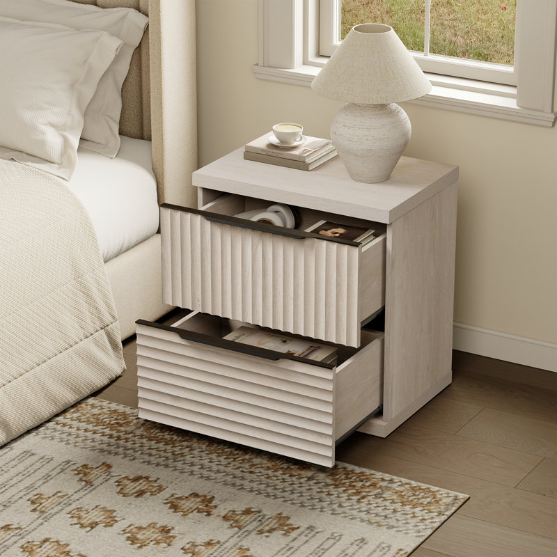 Modern Fluted 2-Drawer Nightstand, White Alder
