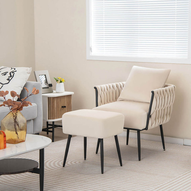 Itamar Velvet Accent Chair with Ottoman, Beige Velvet