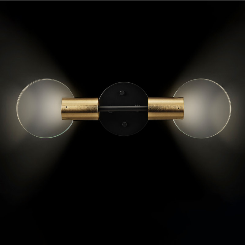Éclairage pour meuble-lavabo intégré à intensité variable à 2 lumières DEL matte 18 po avec accents laiton mat et verre transparent Rayvyn
