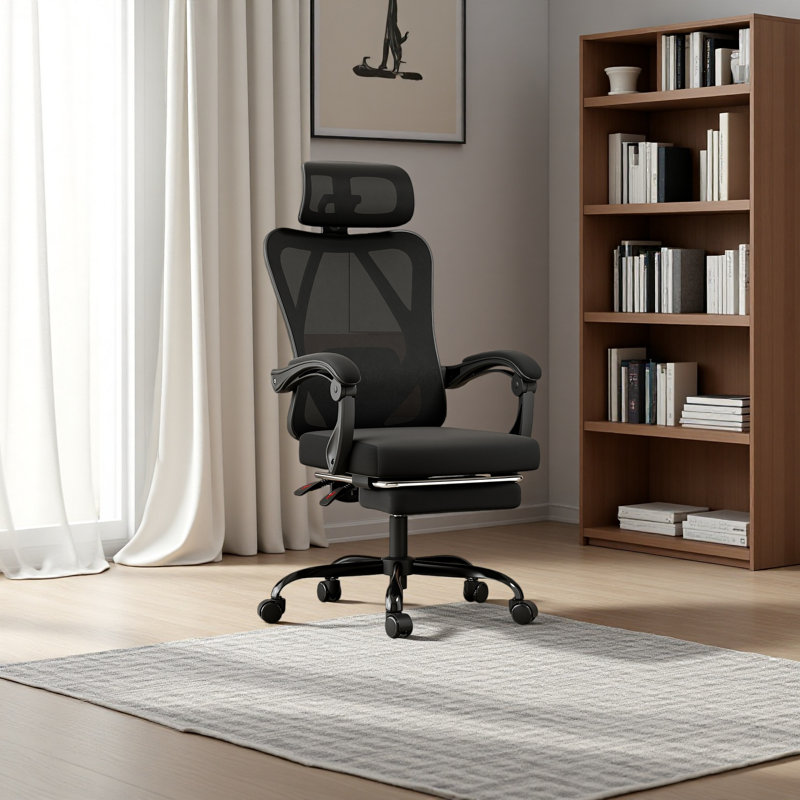 Ergonomic Office Chair With Footrest, Mesh Office Desk Chair With Headrest, High Back Computer Chair With Adjustable Lumbar Support For Home Office Study Room Bedroom
