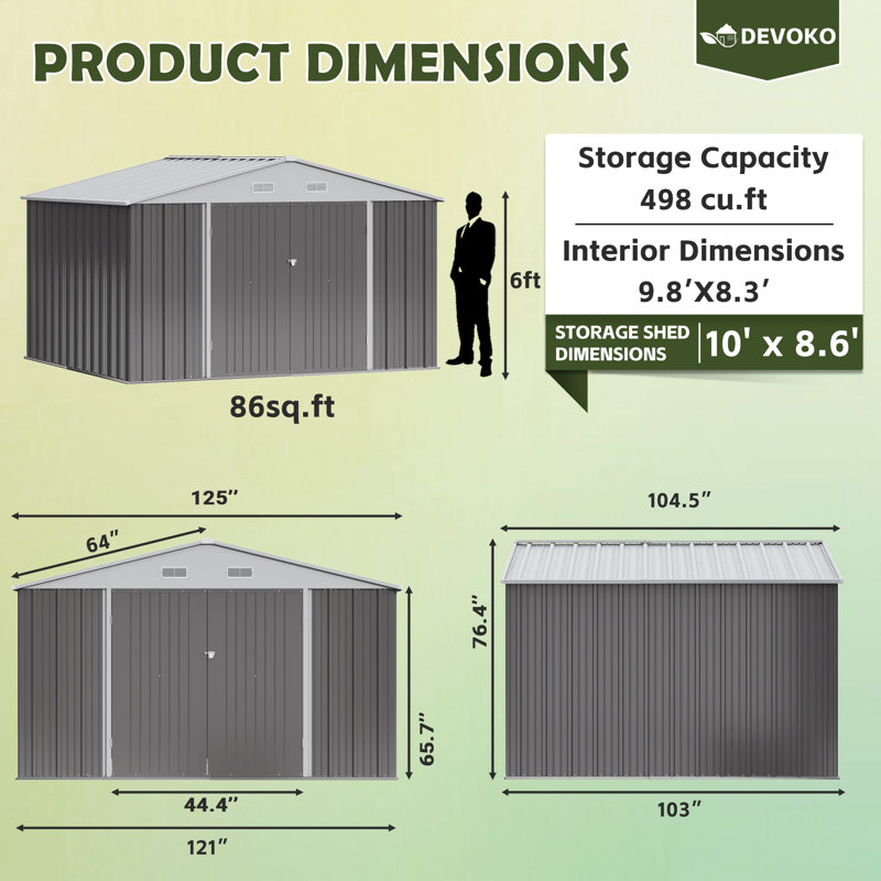 10 ft. W X 8 ft. D Outdoor Metal Storage Shed for Garden Patio Furniture and Tools, Gray/White