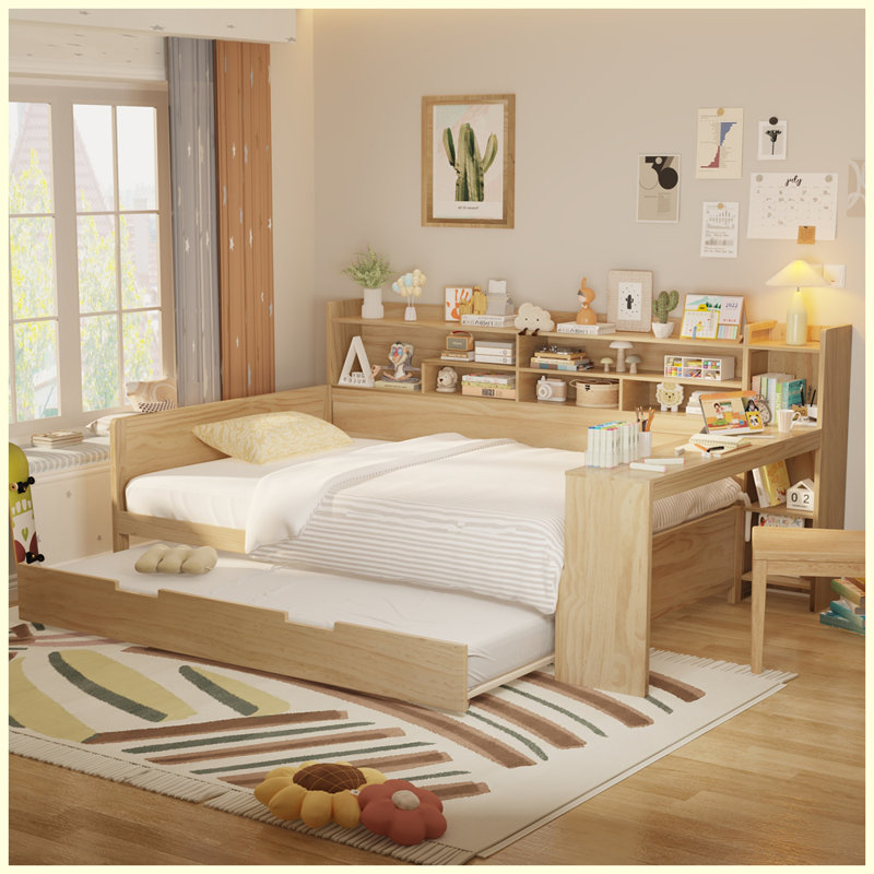 Lit de jour en bois avec tablettes de rangement, lit multifonctionnel avec lit gigogne simple et bureau, Complet/Double