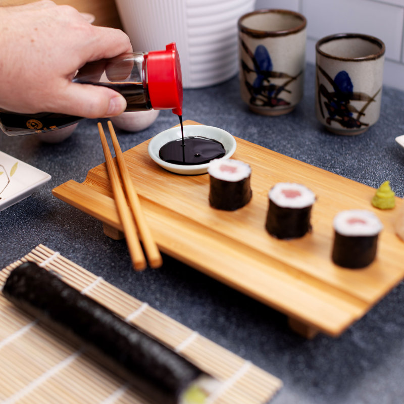 Burnished Bamboo Rectangular Sushi Board Set with Ceramic Dish