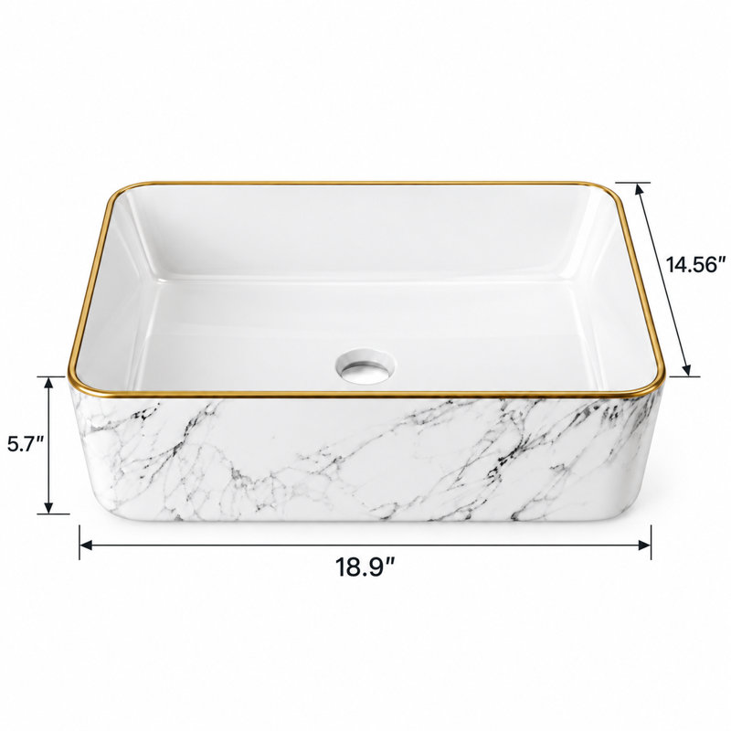 Lavabo-vasque rectangulaire en céramique, aspect marbre blanc, 48 cm (18,9 po) de largeur x 37 cm (14,56 po) de profondeur, avec bordure dorée et bonde standard de 4,4 cm (1,75 po).