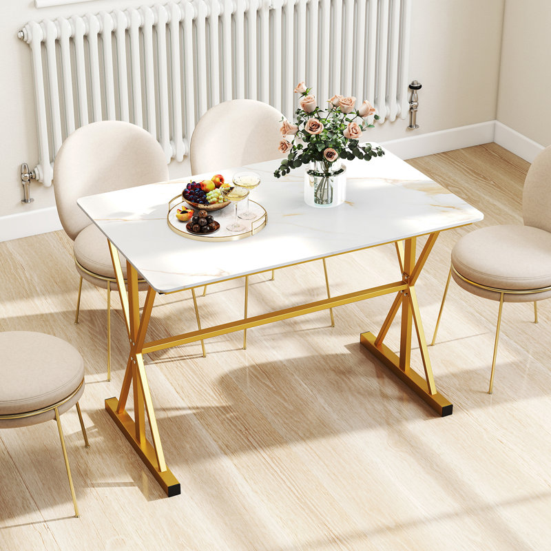 44'' Rectangular Kitchen Table w/ Metal Frame Faux Marble Tabletop Heat