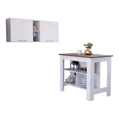 7-Shelf 4-Door 2-Piece Kitchen Set, Upper Wall Cabinet And Kitchen Island White